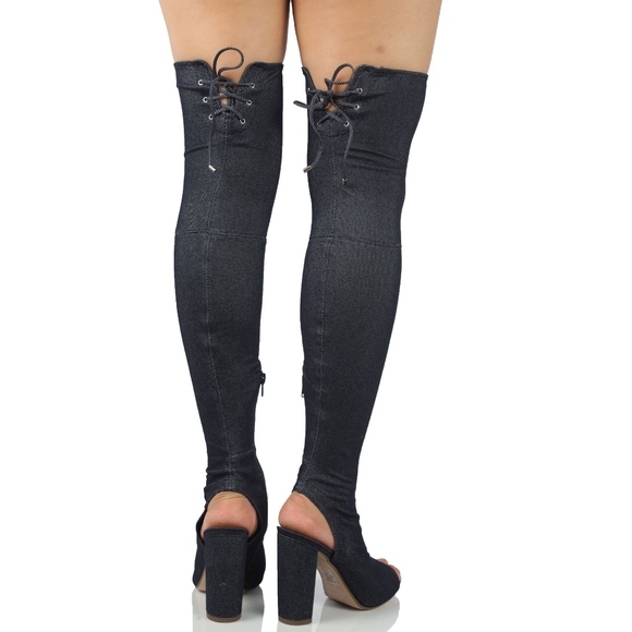 Blue Denim Over the Knee Back Tie Block Heel Boot - Picture 6 of 7